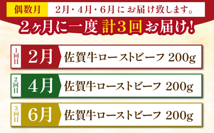 ＜偶数月発送＞【全3回定期便】三栄の佐賀牛ローストビーフ（１～2人前）200g 【肉の三栄】 霜降り 黒毛和牛 和牛 佐賀牛 ローストビーフ [HAA126]
