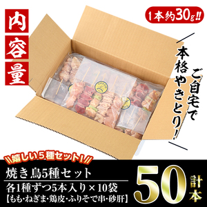 ＜訳あり・簡易包装＞ 焼き鳥 5種 食べ比べ セット(合計50本・5種各10本)国産 鶏肉  小分け 【V-16】【味鶏フーズ 株式会社】