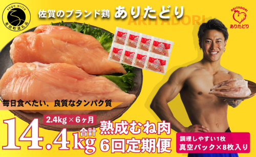 【6回定期便 総計14.4kg】 ありたどり 熟成むね肉 計2.4kg (300g×8パック) 6回 定期便 鶏肉 むね肉 ムネ肉 胸肉 小分け 真空パック am006