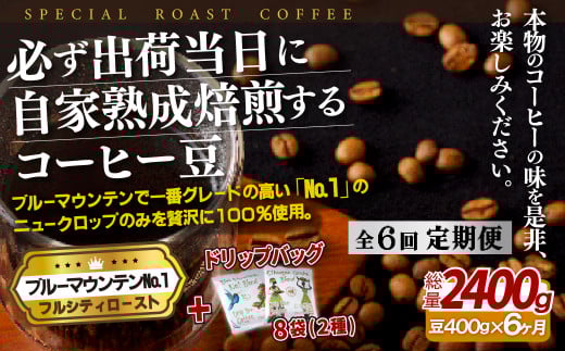 E273d 《定期便》必ず出荷日に自家熟成焙煎ブルーマウンテンNo.1豆(400g)＋ドリップバッグ8パック【6回お届け】