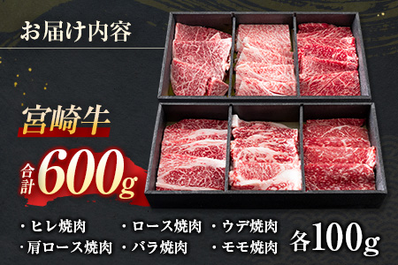 数量限定 宮崎牛 6種 食べ比べ 焼肉 セット 合計600g 肉 牛 牛肉 黒毛和牛 3D冷凍 国産 おかず 食品 BBQ 焼き肉 送料無料_DC16-23