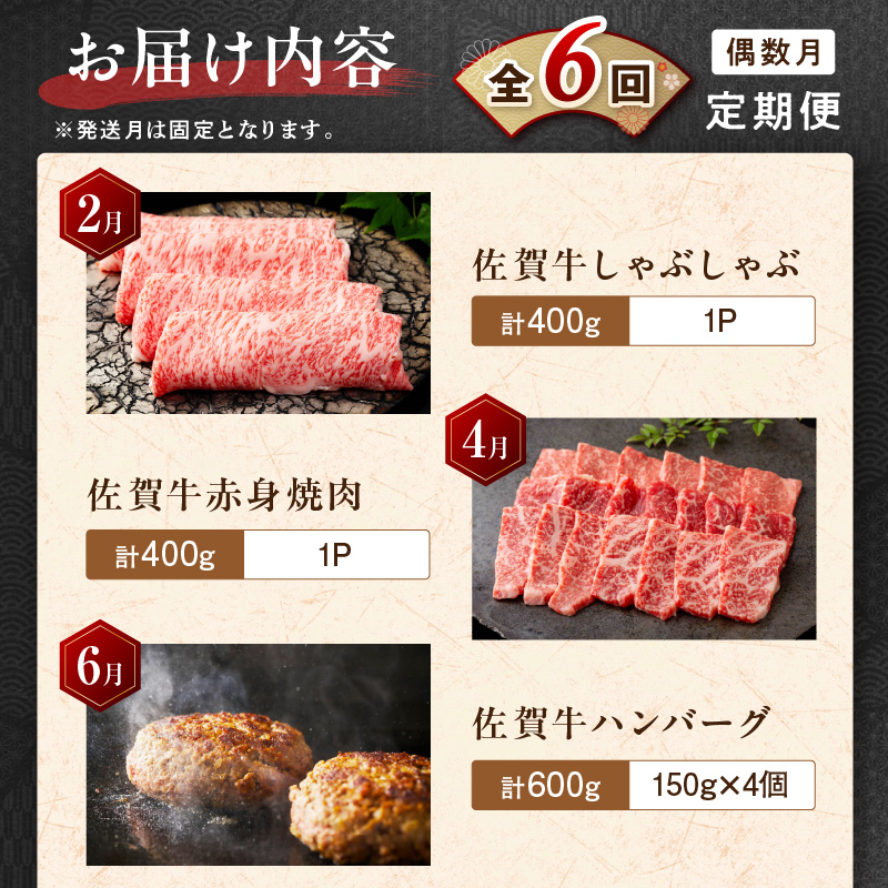 【発送月固定 定期便】肉の定期便! 厳選 佐賀牛 隔月お届け（偶数月）全6回 J1170