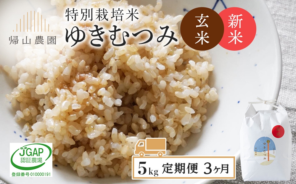 
                  【新米予約】【定期便3カ月】玄米「ゆきむつみ5kg」特別栽培米産地直送《帰山農園》
                