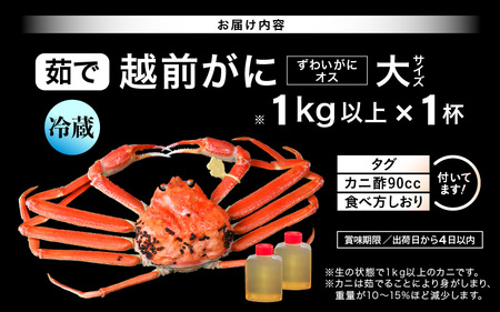 ≪茹で≫越前がに大（タグ付き）1杯（生で1㎏以上）カニ酢90cc付 板前特製手仕込み 食べ方しおり付き【雄 ズワイガニ かに カニ 蟹 越前ガニ 姿 ボイル 冷蔵 福井県】【3月発送分】希望日指定可 