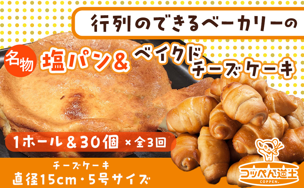 北海道 濃厚クリームチーズのベイクドチーズケーキ 1個 塩パン 30個 チーズケーキ ケーキ 洋菓子 焼き菓子 スイーツ デザート パン 手作り 朝食 おやつ 冷凍 お取り寄せ セット 人気 ベーカリー ギフト 贈答用 送料無料 木古内 木古内町