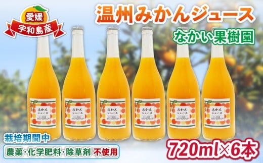 温州 みかん ジュース 720ml × 6本 農薬 化学肥料 除草剤  不使用 なかい果樹園 果物 くだもの フルーツ ジュース 飲料 スイーツ 柑橘 温州みかん 蜜柑 mikan 愛媛ミカン 愛媛蜜柑 数量限定 産地直送 農家直送 国産 愛媛 宇和島 H027-144006