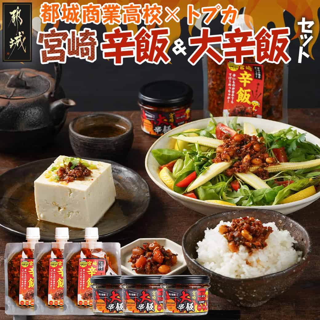 【ふるさと納税】都城商業高校×トプカ☆宮崎辛飯＆宮崎大辛飯セット - 宮崎辛飯 120g×3個 宮崎大辛飯 90g×3個 宮崎県産素材 ご飯のお供 送料無料 14-J901【宮崎県都城市は2年連続ふるさと納税日本一！】