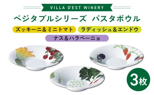 
                  【パスタ皿】パスタボウル３枚（ズッキーニ＆ミニトマトとラディッシュ＆エンドウとナス＆ハラペーニョ）セット｜ヴィラデストワイナリー　ベジタブルシリーズ食器
                
