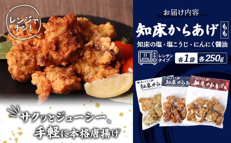 レンジで簡単 知床からあげ 知床の塩 にんにく醤油 塩こうじ もも肉 750gセット | オンライン申請 ふるさと納税 北海道 中標津 唐揚げ 全3種 250g×各1パック 知床 塩 にんにく 醤油 