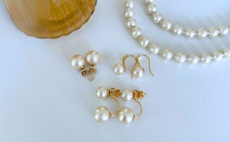 コットンパール「キスカ」ロングネックレス(金具ゴールド)とピアス３点セット【～en～】｜コットンパール ネックレス アクセサリー 入学式 卒業式 結婚式 ゴールド