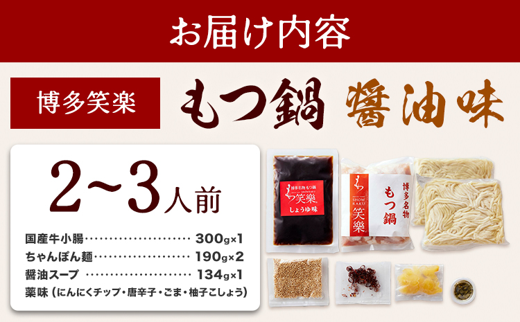 もつ鍋 醤油味 セット 薬味付き ちゃんぽん麵 博多笑樂 2～3人前 地域商社ふるさぽ《90日以内に出荷予定(土日祝除く)》福岡県 鞍手町 もつ 鍋 牛モツ 醤油---skr_ffshktsym_90