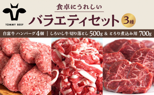 【牧場直送】食卓にうれしいバラエティ セット（白富牛 手ごねハンバーグ 4個＆切り落とし 500g＆とろり煮込み用 700g）【佐賀セントラル牧場】佐賀県産 牛肉 肉 お肉 切り落とし ハンバーグ 国産 九州 佐賀県 白石町  白石 [IAH193]