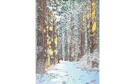 「雪舞う街道杉並木」茶【 版画 額付 小川手漉和紙 小暮真望 東松山 埼玉県 】