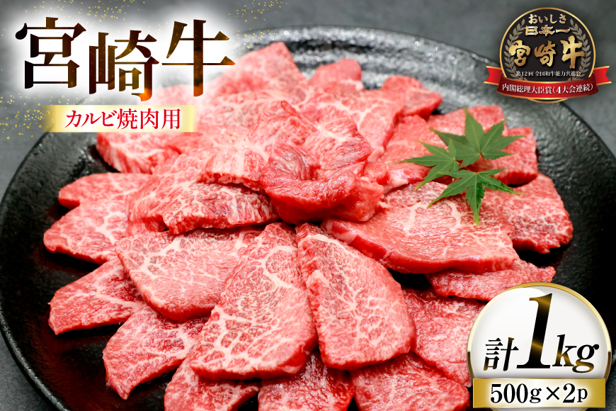 ※廃番※牛肉 宮崎牛 カルビ 焼肉用 500g 2p 計 1kg [ローカルブランディング 宮崎県 日向市 452061414] 冷凍 小分け 黒毛和牛 黒毛 A4 A5 焼肉 焼き肉 BBQ バーベキュー 国産