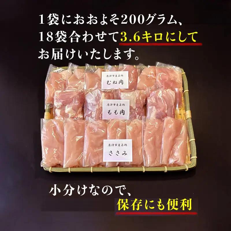 【8月中の発送】便利な小分け！若鳥カット済もも肉(200g×4袋)・むね肉(200g×7袋)・ささみ(7袋 合計1.4kg) 小袋詰め合わせ(合計3.6kg)