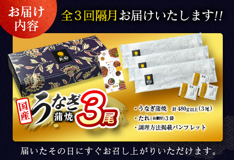 ＜数量限定!!＞うなぎ 定期便 国産 鰻 蒲焼 3尾セット 全3回 隔月定期便（9月、11月、1月お届け）合計1.4kg以上 魚介 贈答品 ギフト ウナギ 期間限定 鰻楽【E267-091101】 全