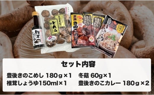 冬菇60g 豊後きのこカレー×2 豊後きのこめし×1 椎茸しょうゆ150ml | シイタケ 椎茸 惣菜 調味料 大分県 九州 津久見市