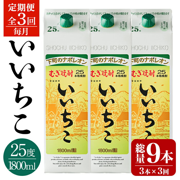 【3回定期便】 いいちこ 25度 1800ml 3本セット 合計9本 麦焼酎 焼酎 本格麦焼酎 パック 三和酒類 酒 お酒 国産 大分県 宇佐市 送料無料