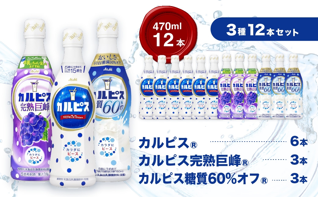 
                  カルピス470ml×カルピス完熟巨峰470ml×カルピス糖質60%オフ470ml 12本セット ｜ ドリンク 飲み物 ケース買い 糖質オフ 飲料 清涼飲料 ソフトドリンク 飲料セット ドリンクセット 家庭用 飲み物のストック 買い置き 群馬県 館林市
                