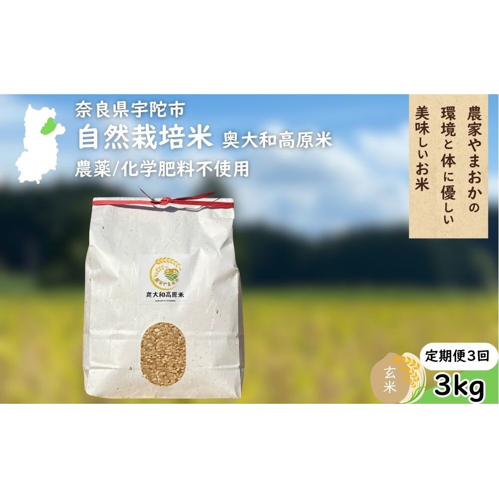 【定期便3回】自然栽培米 玄米 ＜令和7年産 3kg＞ ／ ふるさと納税 無農薬 米 お米 一等米 こめ コメ 国産 新米 玄米 農家やまおか 奈良県 宇陀市