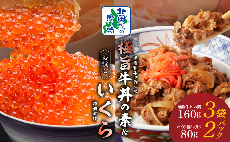 G1338 イクラ 醤油漬け 80g×2P ＆黒毛和牛 極旨牛丼の素 160g×3袋 【食べ比べ 小分け 時短 簡単便利 つまみにもオススメ 北国からの贈り物】