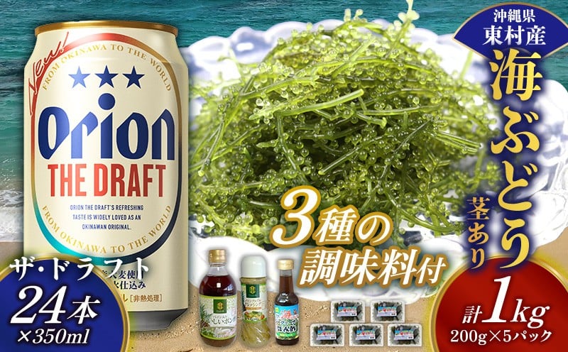 
            東村を楽しむセット！海ぶどうセット（茎あり）1kg＆調味料3種＆ザ・ドラフト350ml×24本 海ブドウ 海ぶどう うみぶどう パック 茎あり クビレズタ たれ付き 海鮮 海藻 プチプチ おつまみ オリオン orion ビール オリオンビール 1ケース 酒 常温 沖縄県 東村
          