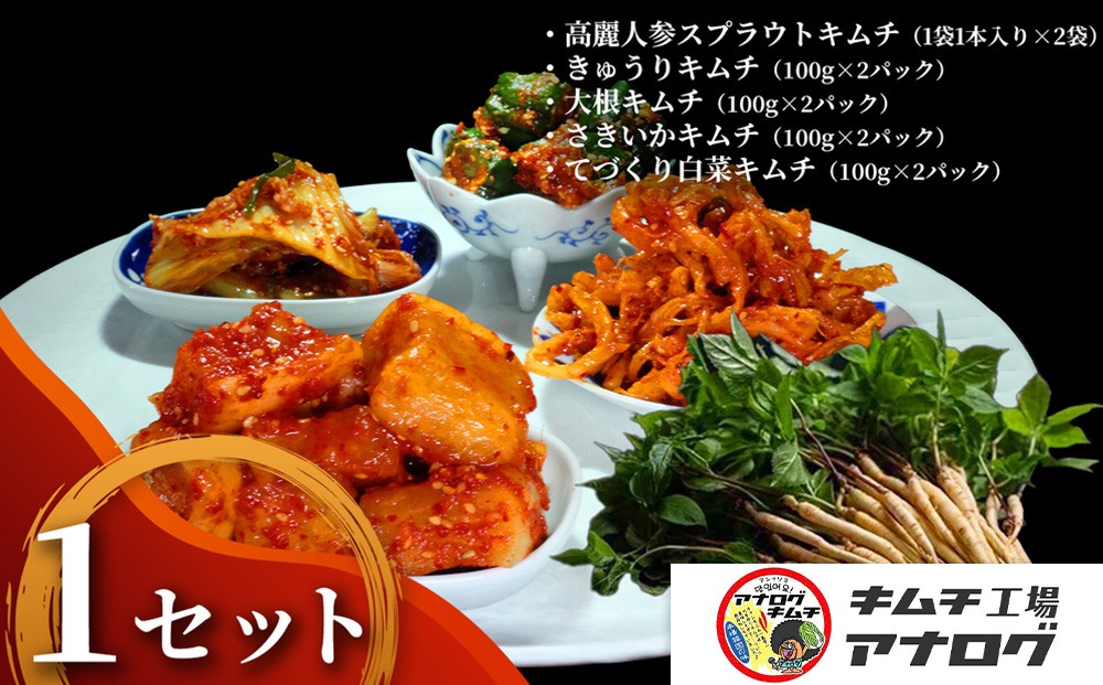 
                  5種の本格キムチ食べ比べ 4種のキムチ(各100g×2パック)＋スプラウトキムチ(1本入り×2袋)【熟成秘伝 きゅうり 大根 カクテキ さきいか 白菜 キムチセット 国産 手づくり 発酵食品 ご飯のお供 詰め合わせ 九州産 手作り】(H104265)
                