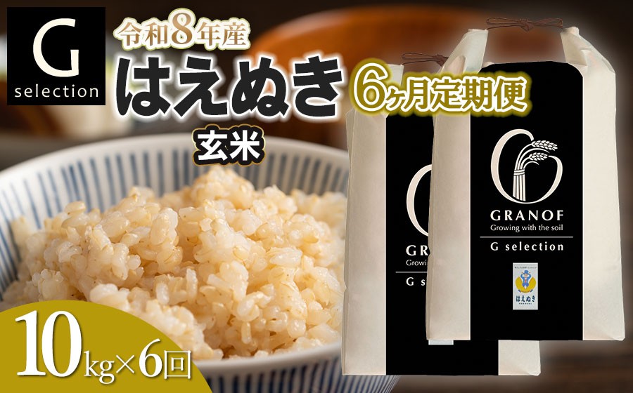 
                  【令和8年産先行予約】【定期便6ヶ月】 Gセレクション はえぬき 玄米 10kg (5kg×2袋)×6ヶ月 山形県鶴岡市産　株式会社グラノフ
                