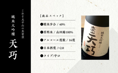純米大吟醸 天巧 1800ml 2本 一升瓶 山田錦 中辛 日本酒 お酒 地酒 太平山 てんこう 1800ml 父の日 敬老 お祝い 贈答 グルメ 送料無料 ふるさと 秋田 潟上市 【小玉醸造】