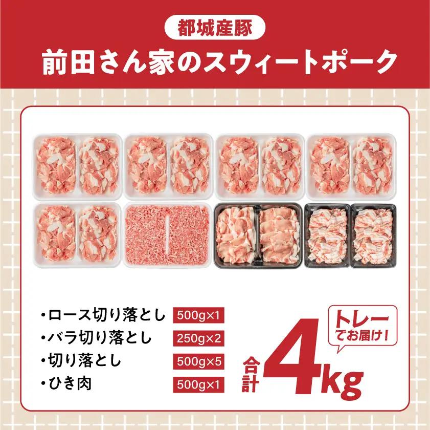 「前田さん家のスウィートポーク」肉肉肉4kgセット〔AC-89-002-4kg〕_(都城市) 豚肉  ブランド ロース バラ 切り落とし ひき肉 セット 4kg 大容量 人気 おすすめ オススメ
