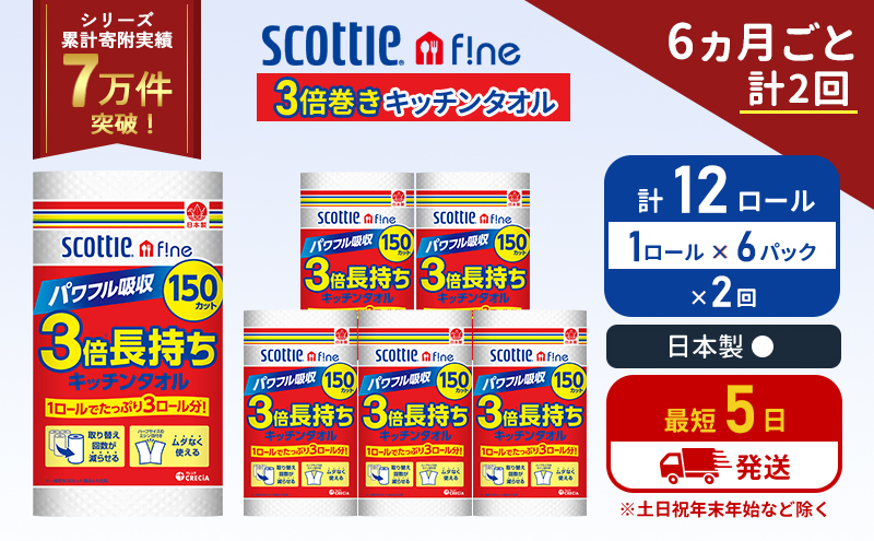 定期便 キッチンペーパー 6パック入 キッチンタオル スコッティ ファイン 1 ロール 3倍 150カット セット《6ヶ月ごと計2回》 ペーパータオル キッチン用品 節約 日用品 日用雑貨 備蓄 備蓄用 防災 災害 3倍巻き まとめ買い 宮城県 岩沼市