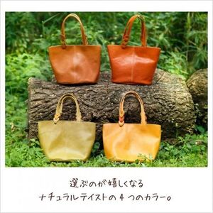 さりげないバイカラーのヌメ革ミニトートバッグ（レザー 牛ヌメ革）≪キャラメル×ライトグリーン≫【hrn18】