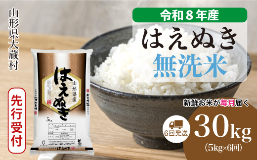 ＜令和8年産米先行受付＞ 令和8年12月下旬より発送  はえぬき【無洗米】30kg定期便 (5kg×6回） 山形県大蔵村