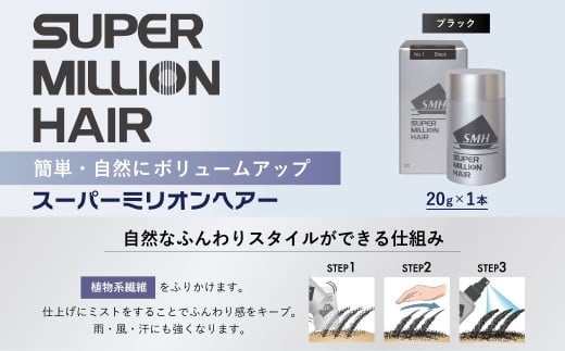 スーパーミリオンヘアー(増毛パウダー）1本（20g）No.1ブラック｜ 男女兼用 ルアン SUPER MILLION HAIR ボリュームアップ 男性用 女性用 メンズ レディース ヘアケア 薄毛隠し 白髪隠し カバー 対策 手軽 増毛剤 粉