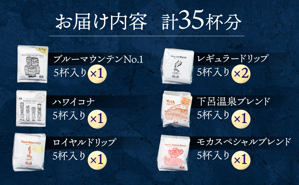 自家焙煎珈琲ドリップコーヒーアソート35杯分(ブルーマウンテンNo1　5杯、ハワイ・コナ 5杯、ロイヤルブレンド5杯×1、レギュラーブレンド5杯×2、下呂温泉ブレンド5杯、モカ・スペシャルブレンド5杯