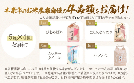【 定期便 】全4回 【令和7年産】先行予約 お米 4品種 食べ比べ 定期便 4ヶ月 計 20kg ( 5kg × 4回）まるごと定期便 ハツシモ ミルキークイーン にじのきらめき ひとめぼれ 米 こ
