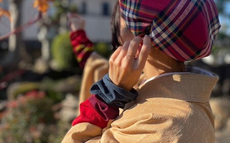 播州染め くしゅくしゅアームカバー ダークカラー系 いちご / ファッション 小物 オリジナル 自社 糸染め 編みたて プレゼント 配色 アクセント