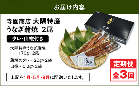2479 【 定期 3回 】大隅特産 うなぎ蒲焼 2尾（340g）【 国産 】 KN060-T03 うなぎ ウナギ 鰻 鰻蒲焼き ウナギ蒲焼 惣菜 総菜 定期便 魚類 魚貝類 魚介類 海産物 鰻重 う