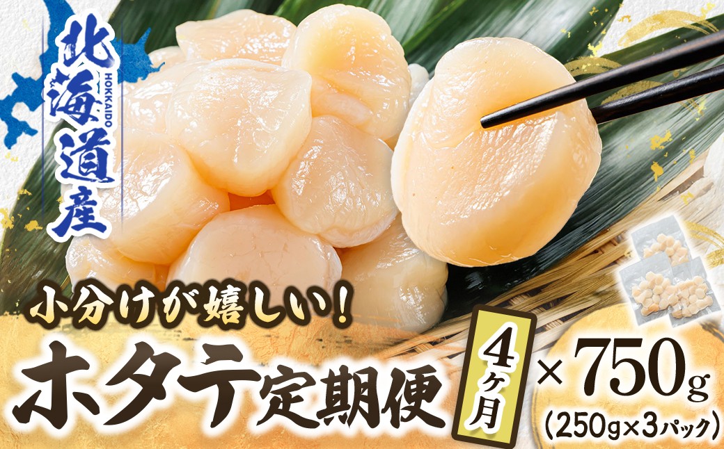 
            【定期便 4ヶ月連続】北海道産 ホタテ貝柱 （約250g×3コ 計750g） 帆立 ホタテ ほたて 貝柱 冷凍 刺身 刺し身 小分け ホタテ貝柱 刺身ホタテ 刺身 冷凍 セット 産地直送 魚介類 海鮮 絶品 人気 ヒロセ 定期便 4回 4か月 海鮮定期便 100000以上 10万円 10万ほど 北海道 釧路町 釧路超 特産品 br04
          