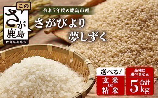 【予約受付】令和7年産 鹿島市産 [さがびよりor夢しずく] 5kg 1袋 【品種指定不可】 玄米 精米 10月初旬から発送開始予定　C-154玄米