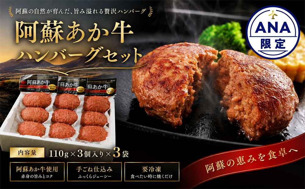 【ANA限定】阿蘇あか牛ハンバーグセット （110g×3個入り）×3パック 合計9個 牛肉 加工肉 贅沢 豪華 人気 美味しい ジューシー 焼くだけ 温めるだけ 冷凍 簡単 手軽 晩御飯 おかず 贈答