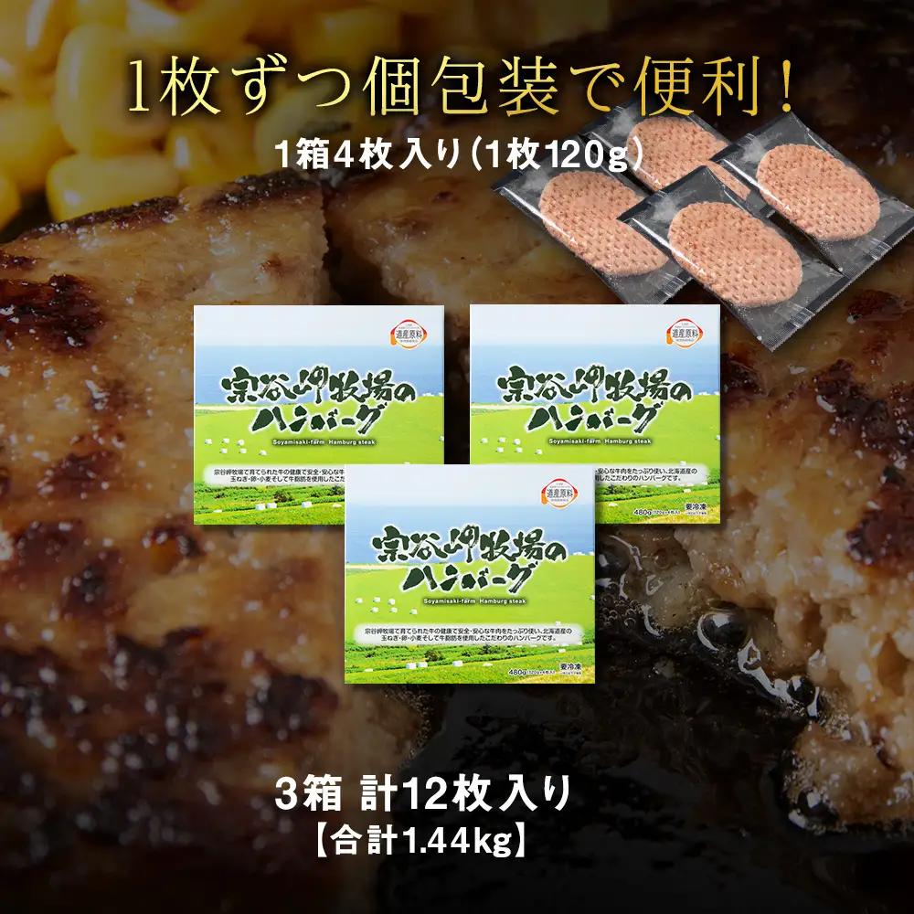 【稚内ブランド認定品】宗谷岬牧場のハンバーグ　120g4枚入×3箱(合計12枚)【配送不可地域：離島・沖縄県】