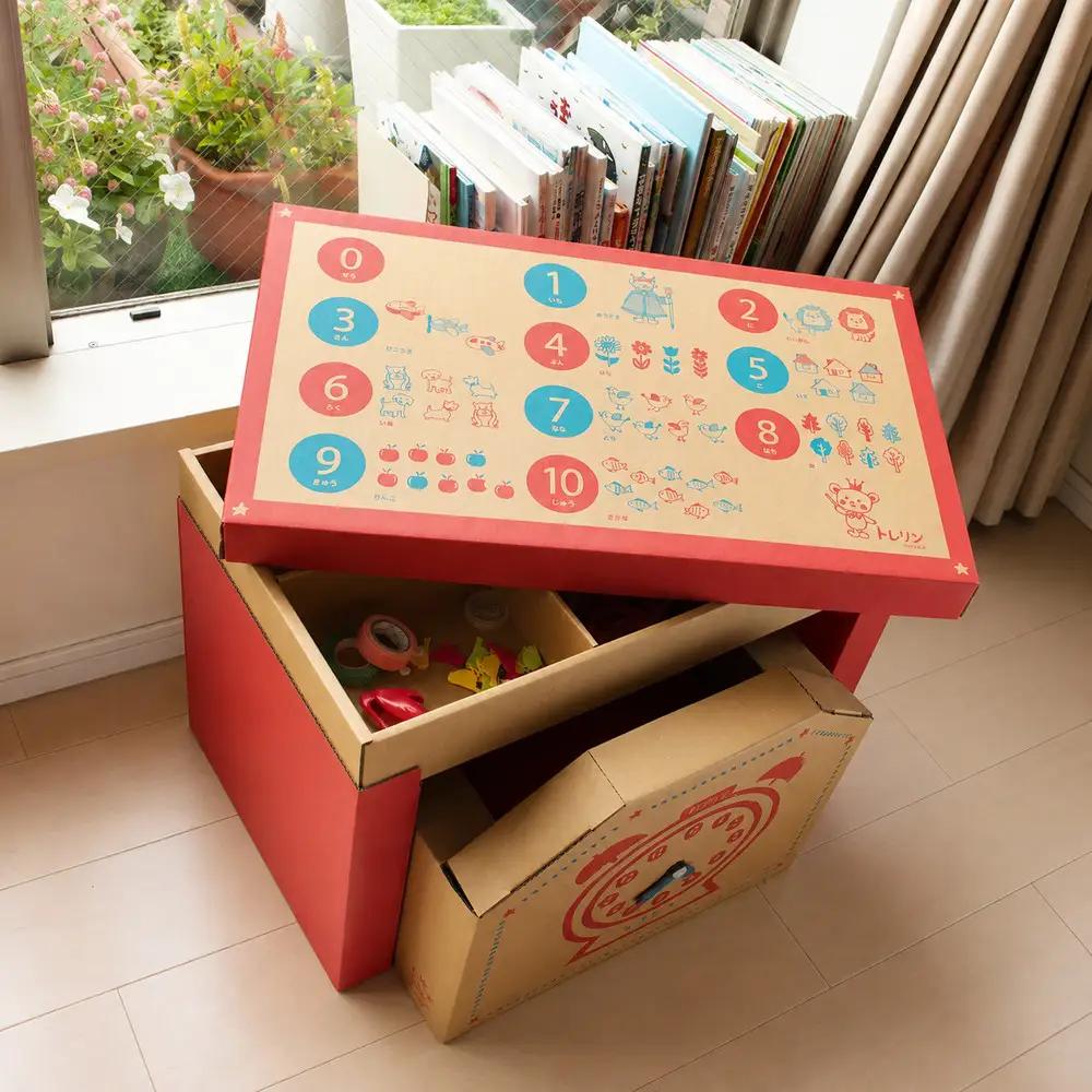 子供用ダンボール家具　ジュニアデスクチェア＆お片づけボックス＆１個・２個引き出しセット◇【赤】｜家具