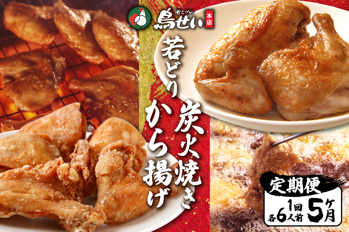 鳥せい本店 の 若どり 炭火焼き から揚げ セット ５回 定期便 【 大人数 各6人前 鶏肉 手羽 むね肉 もも肉 詰め合わせ 真空パック 冷蔵 職人技 お取り寄せ 北海道 清水町 】