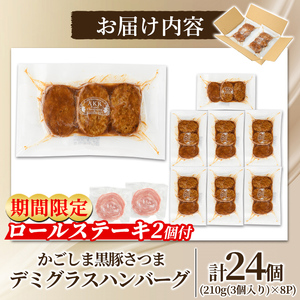 a1003 鹿児島県産黒豚ハンバーグ 計24個 (210g(3個入り)×8パック)【AKR Food Company】姶良市 ハンバーグ デミグラスソース デミソース 国産 鹿児島県産 肉 豚 豚肉 