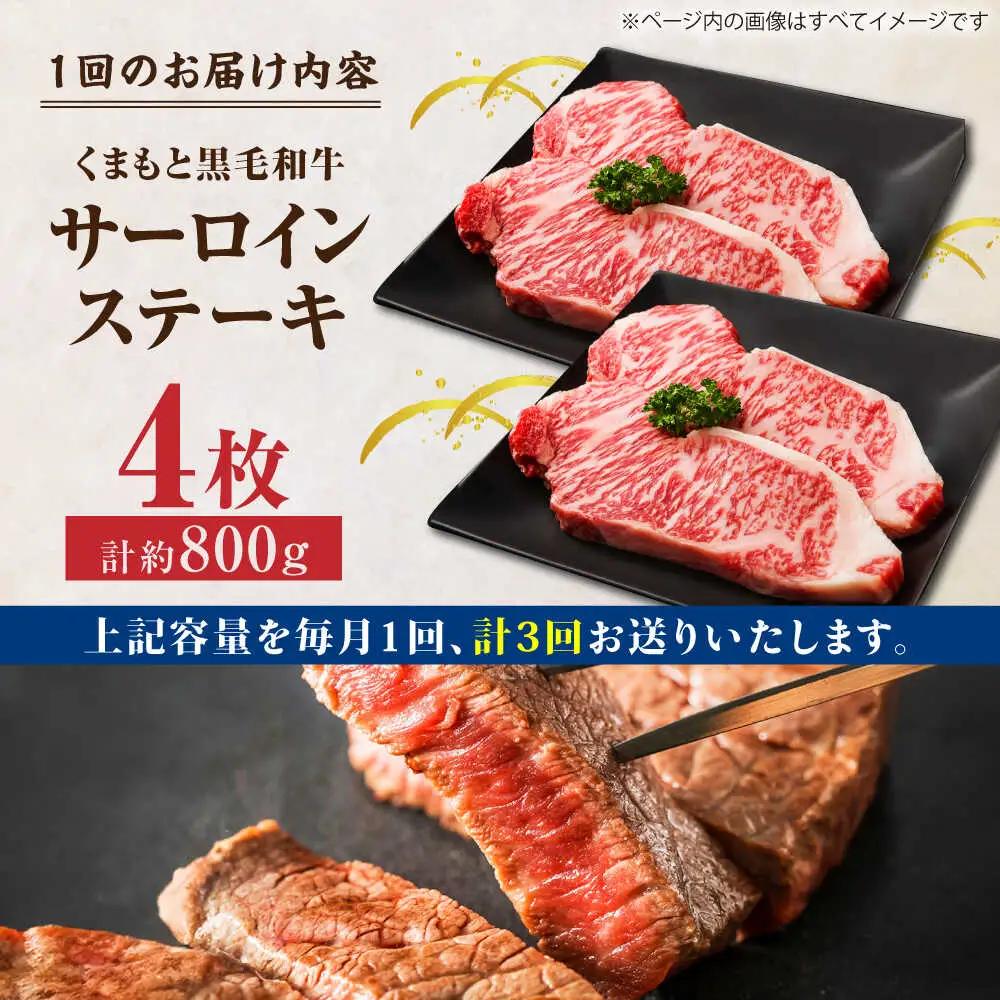 【3回定期便】くまもと黒毛和牛 サーロインステーキ 計800g（4枚）【馬刺しの郷 民守】  サーロインステーキ 熊本 和牛 国産  [ZBL053]