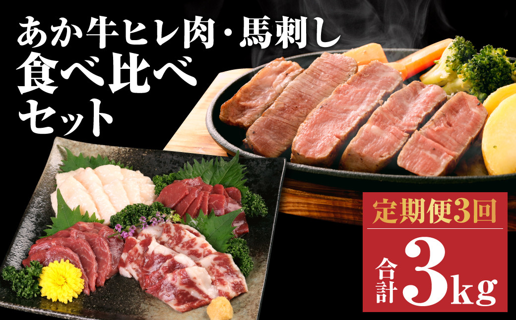 【定期便3回】あか牛ヒレ肉 800g(6枚前後)・馬刺し 200g 食べ比べセット