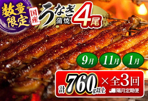 ＜数量限定!!＞特大 うなぎ 定期便 国産 鰻 蒲焼 4尾セット 全3回 隔月定期便（9月、11月、1月お届け）合計2.2kg以上 魚介 贈答品 ギフト ウナギ 期間限定 鰻楽【E193-760-09