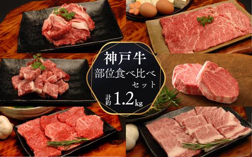 神戸牛 部位食べ比べセット 計約1.2kg（赤身スライス200g、赤身焼肉200g、バラ焼肉200g、切り落とし200g、角切り250g、ミスジステーキ120g） 67-10