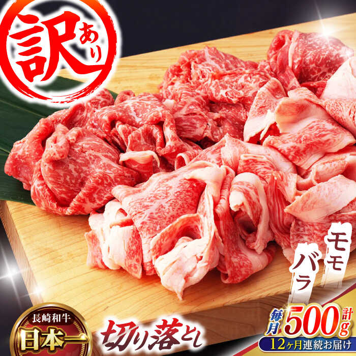 【ふるさと納税】【12回定期便】【訳あり】長崎和牛 切り落とし 赤身 モモ バラ 500g(250g×2) / 長崎和牛 A5ランク ワケあり 小間切れ / 諫早市 / 野中精肉店[AHCW014]